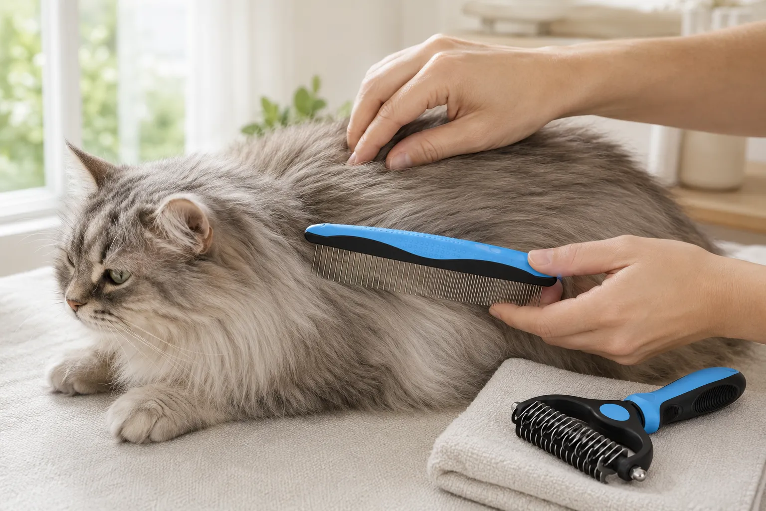 Using a metal comb before an optional undercoat rake on a long-haired cat