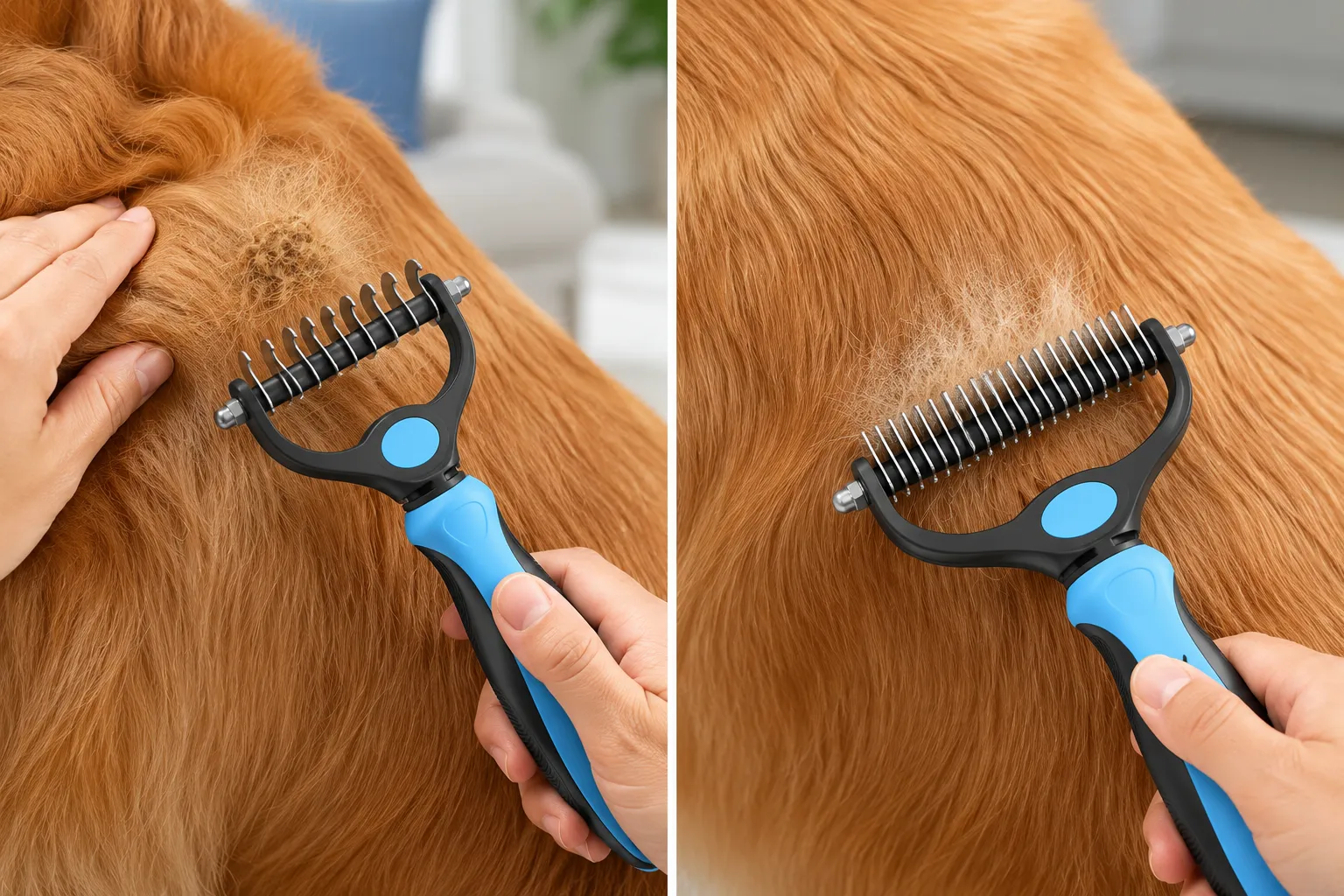 Undercoat rake held relatively flat over a thick dog coat